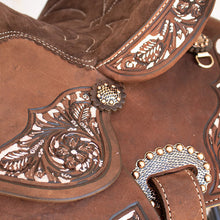 Load image into Gallery viewer, Durable 10" Youth SD-8 IRO Barrel Saddle with 6.5" gullet and matching back flank hardware