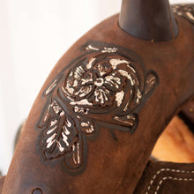 Load image into Gallery viewer, Floral tooling and ivory rustic paint on the 10" Youth SD-8 IRO Barrel Saddle