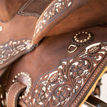 Load image into Gallery viewer, Chocolate suede seat and turquoise Buckstitch stirrups on the 10" Youth SD-8 IRO Barrel Saddle