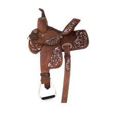 Load image into Gallery viewer, 10" Youth SD-8 IRO Barrel Saddle with rough-out chocolate leather and floral tooling design