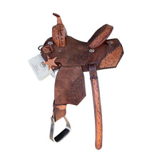 Load image into Gallery viewer, 12" Pocket Full of Daisy Barrel Saddle with rough-out chocolate and golden leather and daisy tooling