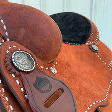 Load image into Gallery viewer, Durable Youth Roper Saddle featuring full double rigging, rawhide silver lace, and #31 conchos