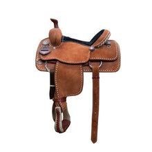 Load image into Gallery viewer, 12.5" Youth Roper Saddle with buffed rough-out leather, black suede seat, and Cheyenne roll cantle