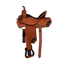 Load image into Gallery viewer, Durable 14.5" 0818 Barrel Saddle with 6.5" gullet, 13" bar spread, and black rawhide latigo lace stirrups