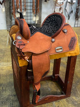 Load image into Gallery viewer, 14.5" 0818 Barrel Saddle with toast rough-out leather, chocolate sueded seat, and floral spot patching