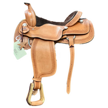 Load image into Gallery viewer, 15" 1220 Reiner saddle with full padded chocolate suede seat and custom border tooling.