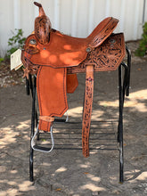 Load image into Gallery viewer, Crafted with care, the 15" Cowboy Feather Barrel Saddle includes rider locking buckles and a matching flank for added style.