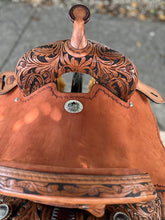 Load image into Gallery viewer, Premium 15" Cowboy Feather Barrel Saddle with a 12" swell and locking Blevins buckles for added security and comfort.