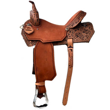 Load image into Gallery viewer, 15" Cowboy Feather Barrel Saddle, designed with a semi-quarter gullet and 13" bar spread for a perfect fit.