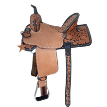 Load image into Gallery viewer, 16" Sunrise Barrel Saddle with wood fiber glass-covered tree, 6.5" gullet, and 45-degree bar angles.