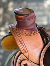 Load image into Gallery viewer, 16" 58 Wade saddle with custom leather fenders, 3-1/2" cantle, and a chocolate suede seat for performance.