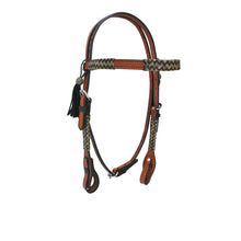 Load image into Gallery viewer, Western 1/2" straight browband headstall with black and natural rawhide braiding and black tassels.