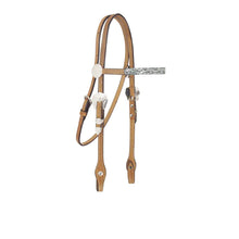 Load image into Gallery viewer, Western 1/2" straight browband headstall with silver bars, made of golden leather with basket tooling and silver buckles