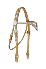 Load image into Gallery viewer, Western V-browband headstall with silver, made from premium tooled leather in golden or toast for style and durability.