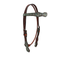 Load image into Gallery viewer, 2037-JGT Turquoise Gator Print Scalloped Headstall with golden leather, Swarovski crystals, and silver spots for a stylish, durable design.