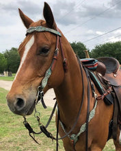 Load image into Gallery viewer, 2037-JGT Turquoise Gator Print Scalloped Headstall with golden leather, Swarovski crystals, and SS spots for a bold Western look.
