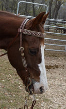 Load image into Gallery viewer, 2614-TP Toast leather headstall with black and natural rawhide braiding, Spanish lace, and tassels.
