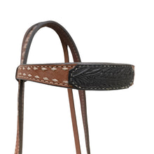 Load image into Gallery viewer, 2800-AO Contoured Browband Headstall with rough out toast leather, black oak leaf tooling, and braided loops.