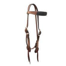 Load image into Gallery viewer, 2800-AO Contoured Rough Out Headstall with oak leaf tooled patch, white Buckstitch, braided loops, and Spanish lace hardware.