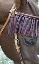 Load image into Gallery viewer, 2F15-LC Straight Brow Headstall with golden leather, latigo braiding, and decorative fringe and tassels for a unique touch.