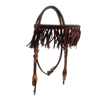 Load image into Gallery viewer, 2F15-LC Straight Brow Headstall featuring latigo center, fringe, and tassels for a bold Western design.