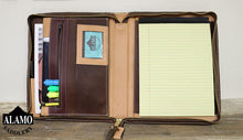 Load image into Gallery viewer, Handcrafted #3 Cowboy Briefcase El Pinto Combo with retractable handles, front pockets, and room for a 1" binder or laptop.