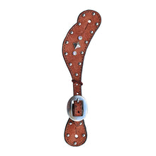 Load image into Gallery viewer, 382-ROT Ladies Spur Strap Rough Out with toast rough out leather, Swarovski crystals, SS spots, and pyramid spots.