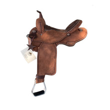 Load image into Gallery viewer, Alamo Air Barrel Saddle with leather-wrapped horn and padded suede seat, handcrafted with premium materials.