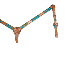 Load image into Gallery viewer, 1" Breast Collar in Natural Harness Leather with Teal Braiding & Spanish Lace provides a secure, stylish fit.