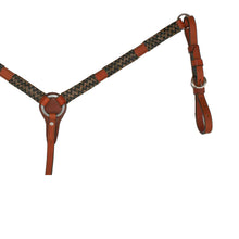 Load image into Gallery viewer, 1" Breast Collar in Toast Leather with Natural and Black Rawhide Braiding provides a secure, stylish fit.