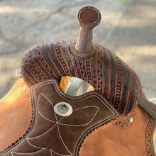 Load image into Gallery viewer, Stunning Geo-Aztec Alamo Air Barrel Saddle with chocolate leather, suede seat, and arrow conchos.