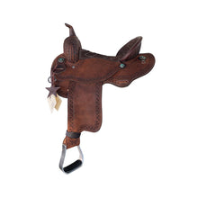 Load image into Gallery viewer, Geo-Aztec Alamo Air Barrel Saddle with rough-out chocolate leather and chocolate suede seat.