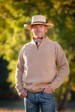 Load image into Gallery viewer, Tan Merino Wool Sweater made from 100% Australian wool, featuring a 1/4 zipper and reinforced stitching for durability.