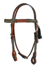 Load image into Gallery viewer, 2015-CHE Chevron Black/Natural Rawhide Braided Headstall with toast leather, black tassels, and rawhide braiding