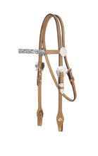 Load image into Gallery viewer, 2015-KS Brown Headstall with Silver Bar and Buckles, crafted from golden leather with basket tooling and silver hardware