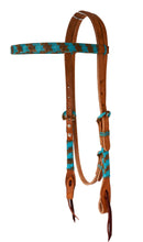 Load image into Gallery viewer, 2030-TN Harness Leather Headstall with teal and rawhide braiding, Spanish lace hardware, and braided loops for a unique Western style.