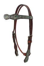 Load image into Gallery viewer, 2037-JGT Turquoise Gator Print Scalloped Headstall featuring turquoise gator print overlay, scalloped browband, and silver accents.