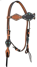 Load image into Gallery viewer, 2046-GE 2-1/2" Diamond Browband Headstall with golden leather, elephant overlay, turquoise stones, and Swarovski crystals.