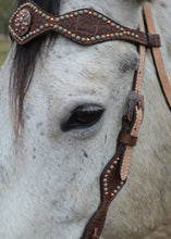 Load image into Gallery viewer, 2046-RW Diamond Browband Headstall with DC buckles, CI concho, and redwood elephant overlay, accented with turquoise and copper spots.