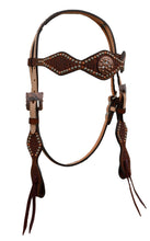 Load image into Gallery viewer, 2046-RW Diamond Browband Headstall with redwood elephant overlay, turquoise and copper spots for a unique Western design.