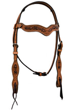 Load image into Gallery viewer, 2117-RA Wave Style Headstall with golden leather, geo/basket cross tooling, and copper-painted arrows for a bold Western design.