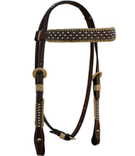Load image into Gallery viewer, 2614-TP 1" Toast Large Straight Brow Headstall with rawhide Spanish lace, braided loops, and spots.