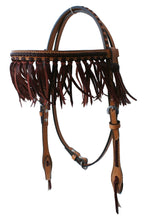 Load image into Gallery viewer, 2F15-LC Straight Brow Headstall with golden leather, latigo braiding, fringe, and tassels for a stylish Western look.
