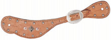 Load image into Gallery viewer, Toast rough out leather 382-ROT Ladies Spur Strap with Swarovski crystals, SS spots, and pyramid accents.