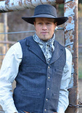 Load image into Gallery viewer, The Bankers Wool Vest offers a sophisticated look with a pinstripe design, lapel collar, and durable satin lining for added comfort.