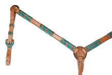 Load image into Gallery viewer, 1" Breast Collar – Natural Harness Leather with Teal Braiding & Spanish Lace offers durability and style.