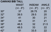 Load image into Gallery viewer, Sizing chart for Canvas Bib Overalls with Quilted Lining, featuring adjustable suspenders, chest, and hand pockets for a comfortable and functional fit