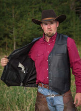 Load image into Gallery viewer, Premium full-grain cowhide leather Drover Concealed Carry Vest with reinforced stitching and Western Yoke details.
