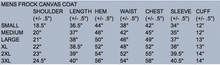 Load image into Gallery viewer, Sizing chart for Frock Canvas Coat, detailing measurements for chest, waist, length, and sleeve for a perfect fit.