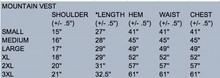 Load image into Gallery viewer, Sizing chart for Mountain Canvas Vest showing chest, waist, and length measurements for the perfect fit.